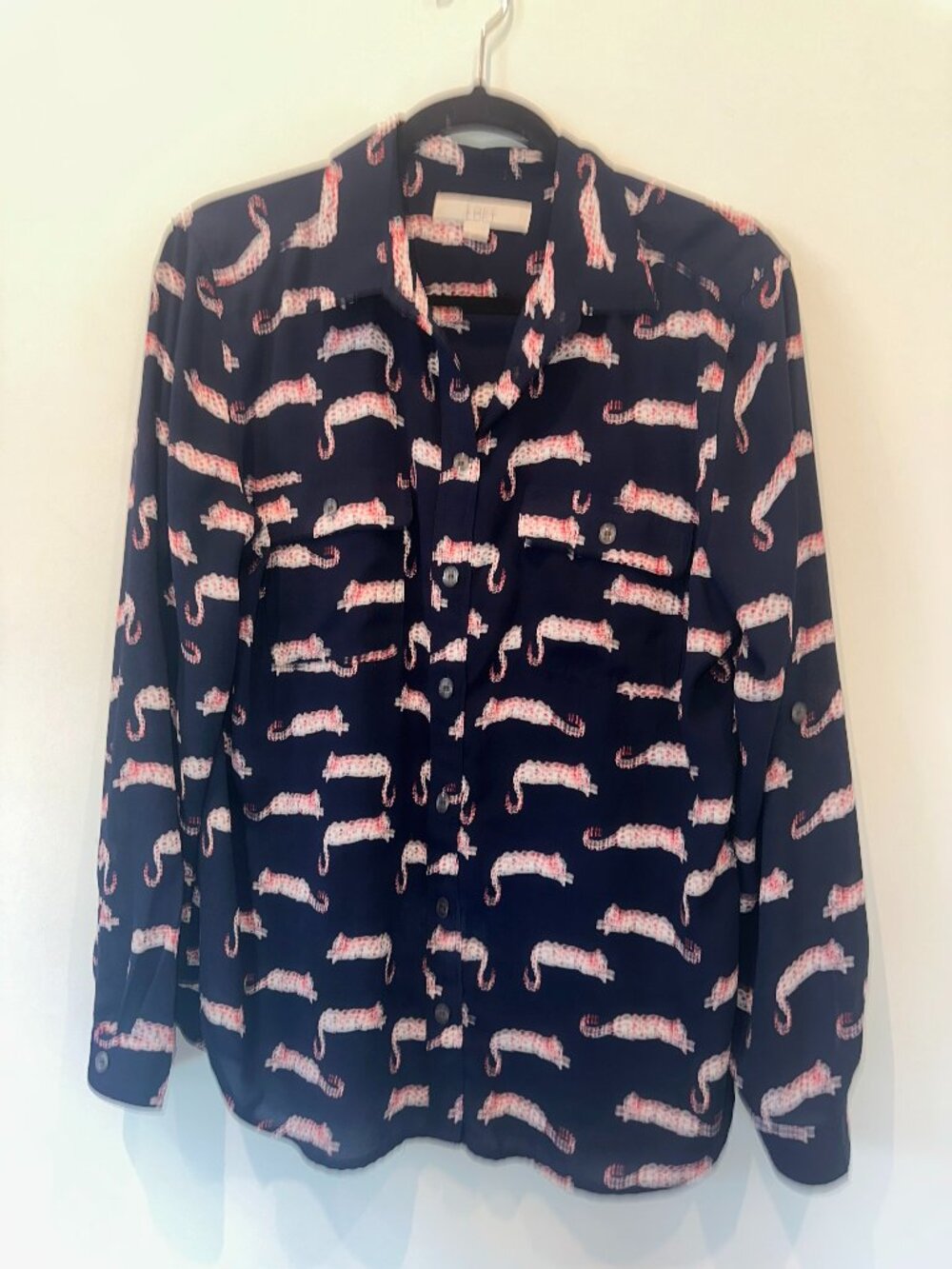 LOFT Navy Blue Leopard Cheetah Print Long Sleeve Button Down Shirt
